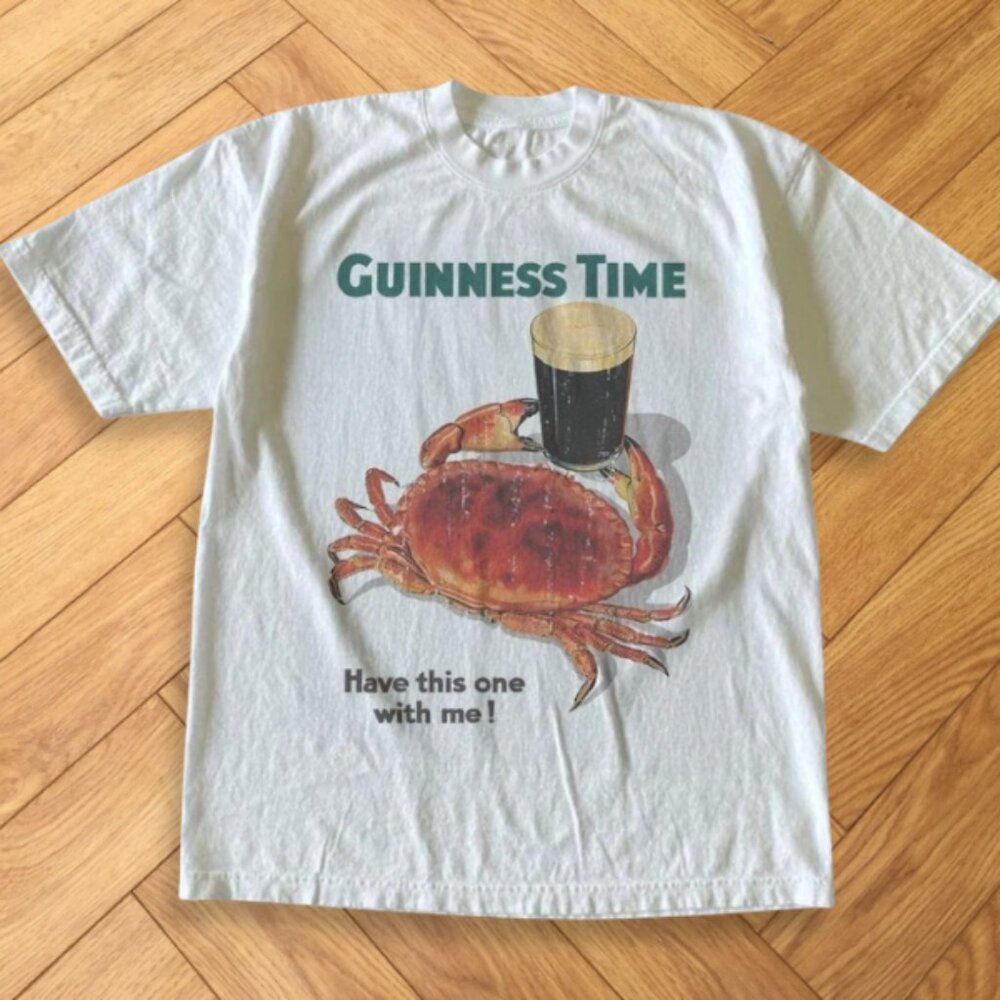 Funny Crab Beer Graphic Tee White “Guinness Time” Seafood Humor T-Shirt